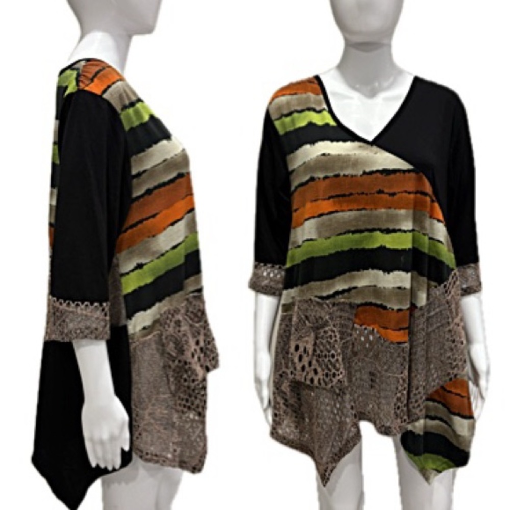 Aster by Firmiana Tunic Womens Size XL Crochet Lace Striped Print Sharkbite Hem